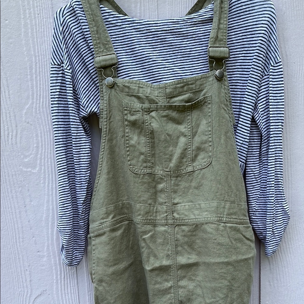 Eddie Bauer Olive Linen Jumper Overall Dress